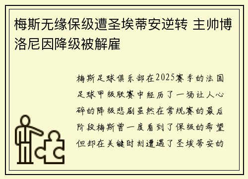 梅斯无缘保级遭圣埃蒂安逆转 主帅博洛尼因降级被解雇